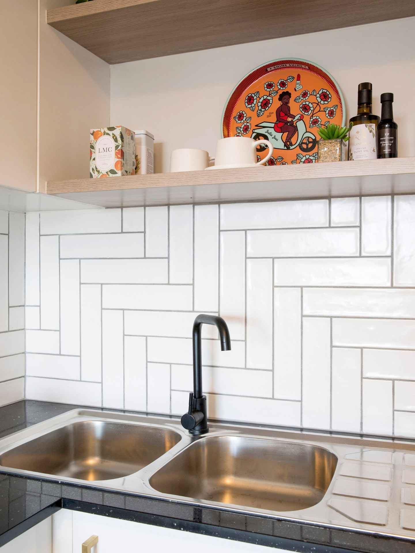 herringbone backsplash kitchen sink design